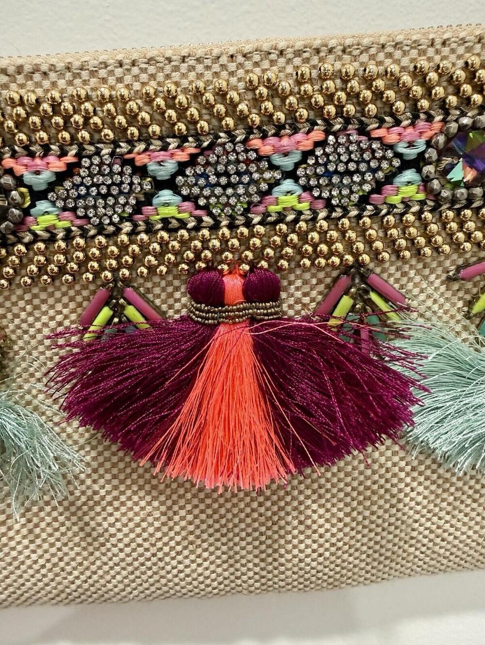 Steve Madden Beaded Tassel Crossbody Clutch Bag Multicolor Boho Festival NWT - Picture 4 of 14